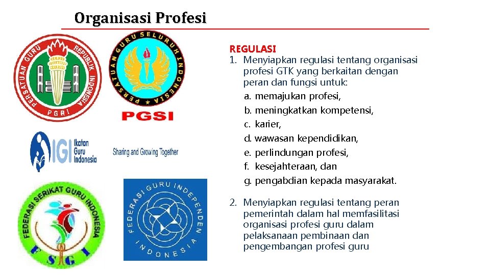 Organisasi Profesi REGULASI 1. Menyiapkan regulasi tentang organisasi profesi GTK yang berkaitan dengan peran