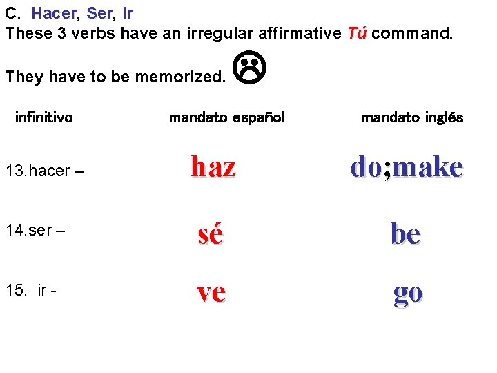 C. Hacer, Hacer Ser, Ser Ir These 3 verbs have an irregular affirmative Tú