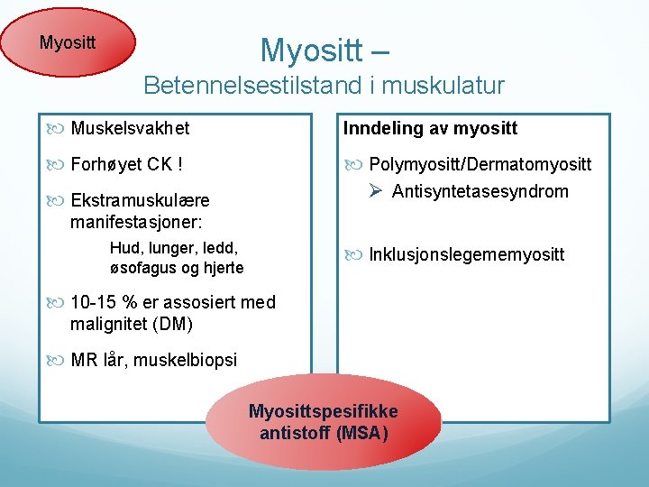 Myositt – Myositt Betennelsestilstand i muskulatur Muskelsvakhet Inndeling av myositt Forhøyet CK ! Polymyositt/Dermatomyositt