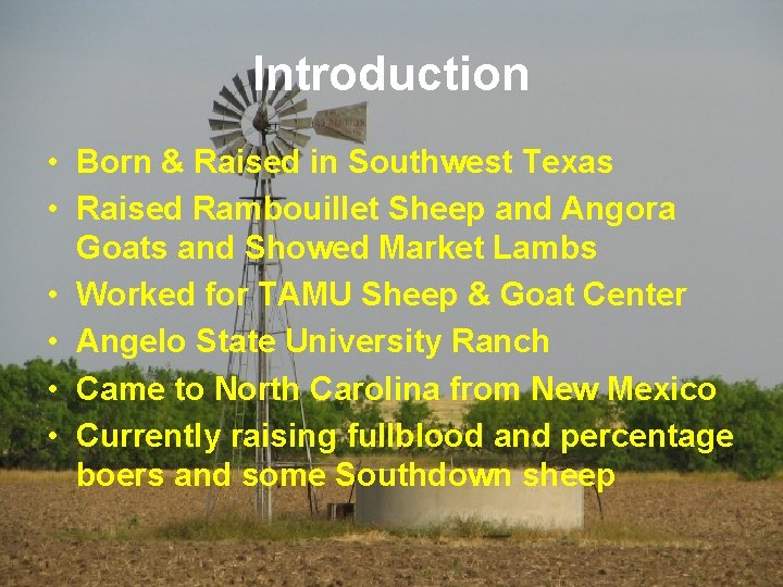 Introduction • Born & Raised in Southwest Texas • Raised Rambouillet Sheep and Angora