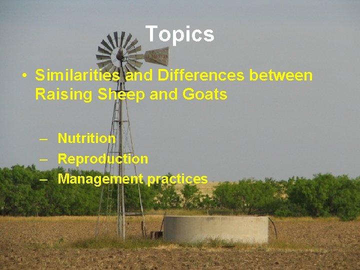 Topics • Similarities and Differences between Raising Sheep and Goats – Nutrition – Reproduction