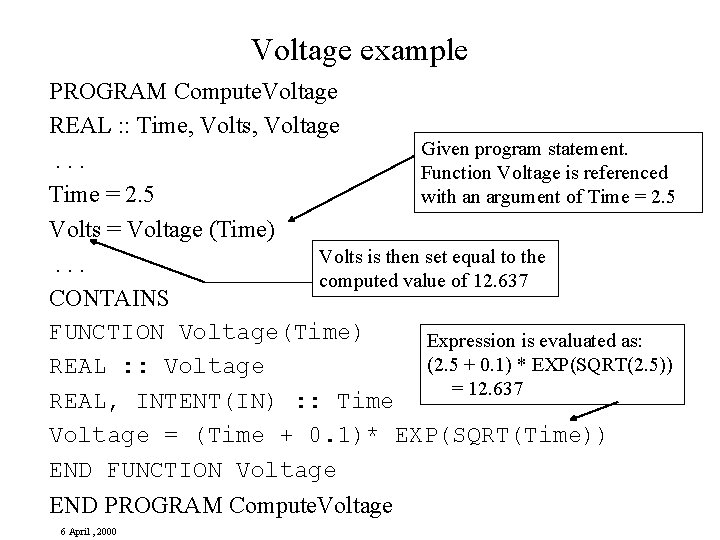 Voltage example PROGRAM Compute. Voltage REAL : : Time, Volts, Voltage Given program statement.