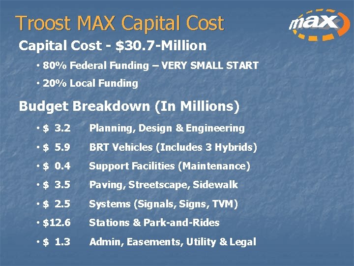 Troost MAX Capital Cost - $30. 7 -Million • 80% Federal Funding – VERY