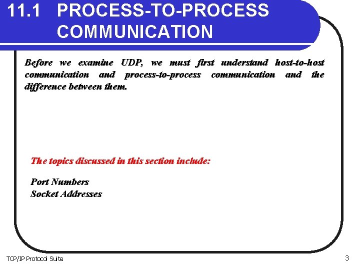 11. 1 PROCESS-TO-PROCESS COMMUNICATION Before we examine UDP, we must first understand host-to-host communication 11. 1 PROCESS-TO-PROCESS COMMUNICATION Before we examine UDP, we must first understand host-to-host communication