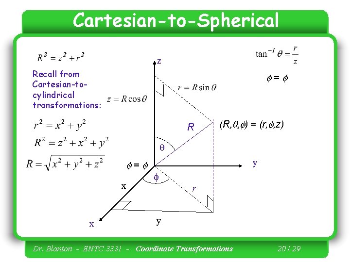 Cartesian-to-Spherical z Recall from Cartesian-tocylindrical transformations: f = f R (R, q, f) =