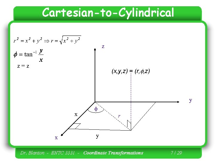Cartesian-to-Cylindrical z z=z (x, y, z) = (r, f, z) y x x f