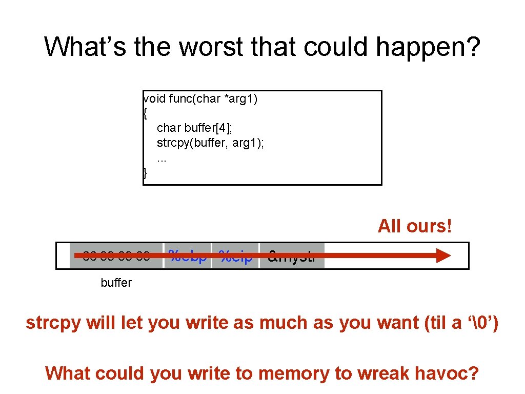 What’s the worst that could happen? void func(char *arg 1) { char buffer[4]; strcpy(buffer,