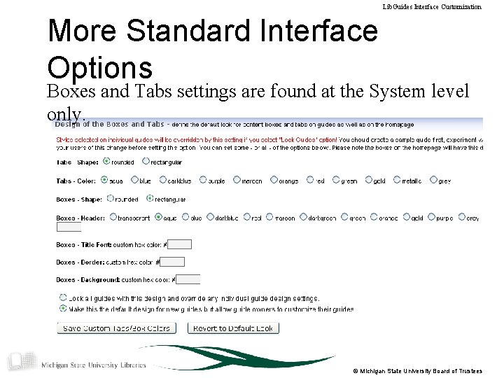 Lib. Guides Interface Customization More Standard Interface Options Boxes and Tabs settings are found