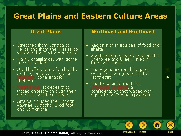 Great Plains and Eastern Culture Areas Great Plains Northeast and Southeast • Stretched from