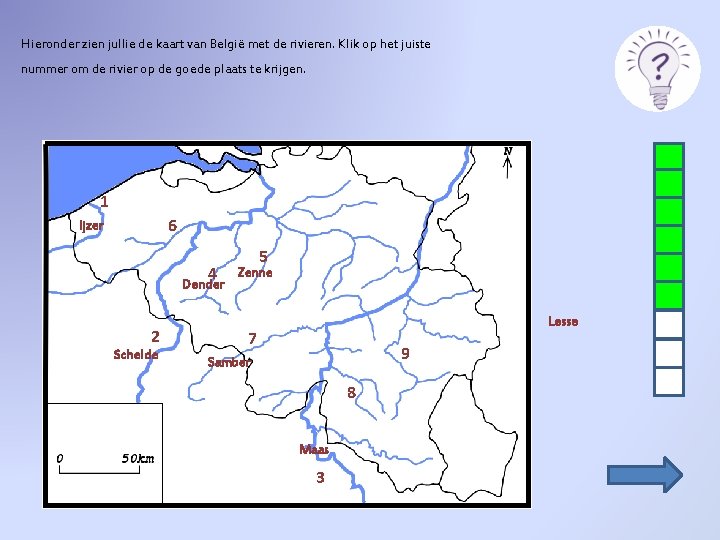 Hieronder zien jullie de kaart van België met de rivieren. Klik op het juiste