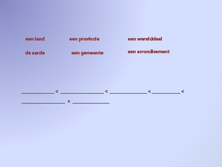 een land de aarde een provincie een gemeente een werelddeel een arrondisement _______________ <