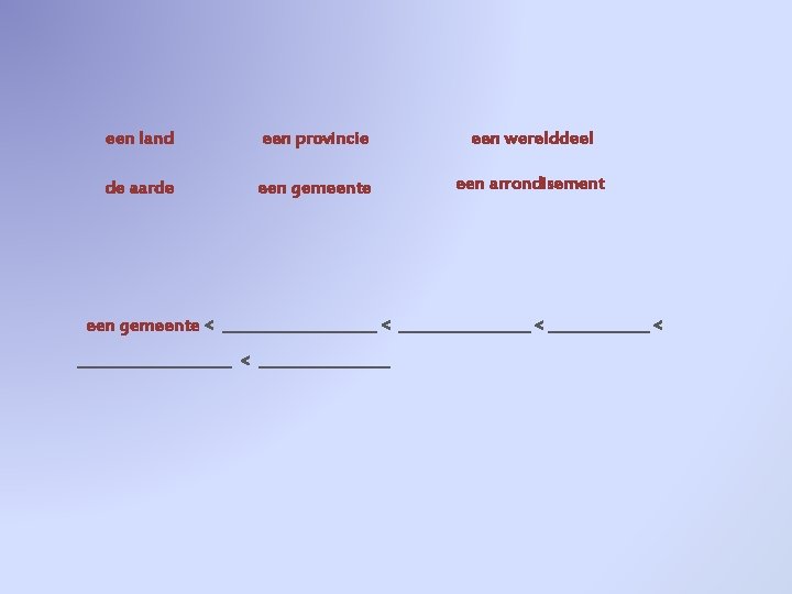 een land een provincie een werelddeel de aarde een gemeente een arrondisement een gemeente