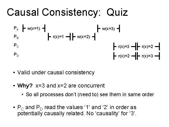 Causal Consistency: Quiz PA PB w(x=1) w(x=3) r(x)=1 w(x=2) PC r(x)=3 r(x)=2 PD r(x)=2