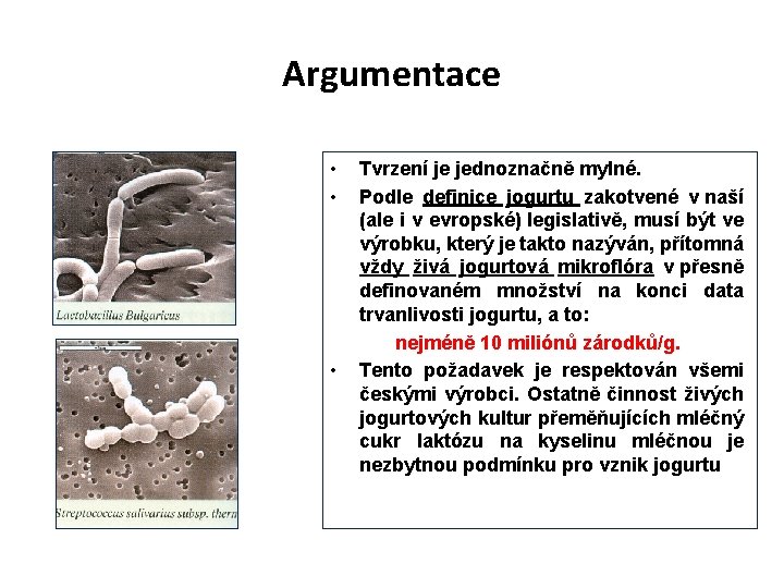 Argumentace • • Tvrzení je jednoznačně mylné. Podle definice jogurtu zakotvené v naší (ale