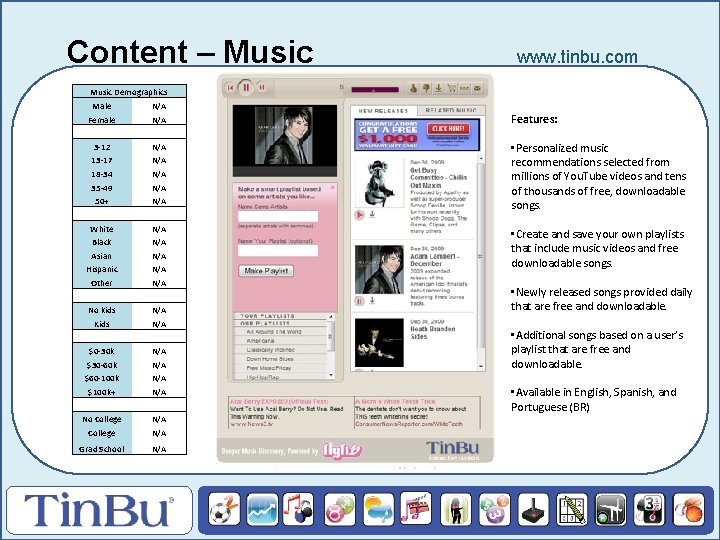 Content – Music www. tinbu. com Music Demographics Male N/A Female N/A Features: 3