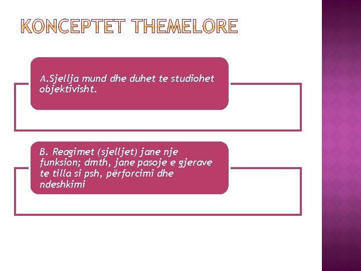 A. Sjellja mund dhe duhet te studiohet objektivisht. B. Reagimet (sjelljet) jane nje funksion;