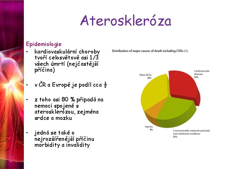 Ateroskleróza Epidemiologie • kardiovaskulární choroby tvoří celosvětově asi 1/3 všech úmrtí (nejčastější příčina) •