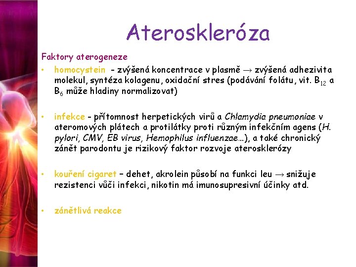 Ateroskleróza Faktory aterogeneze • homocystein - zvýšená koncentrace v plasmě → zvýšená adhezivita molekul,