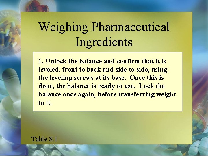 Weighing Pharmaceutical Ingredients 1. Unlock the balance and confirm that it is leveled, front