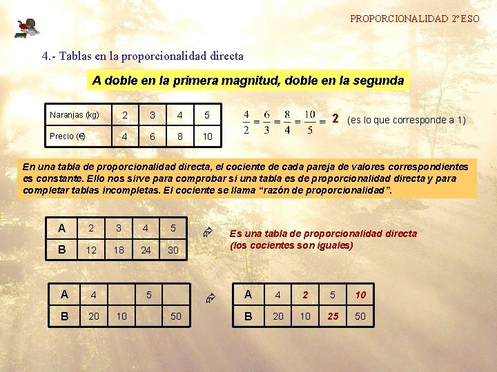 PROPORCIONALIDAD 2º ESO 4. - Tablas en la proporcionalidad directa A doble en la