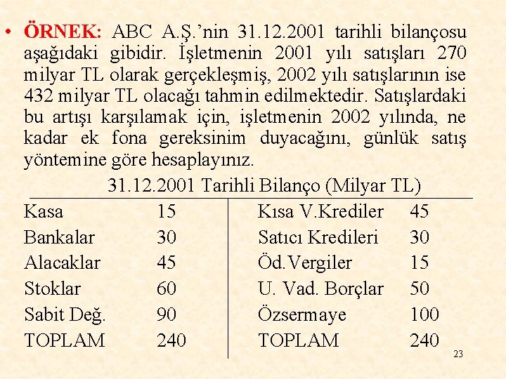  • ÖRNEK: ABC A. Ş. ’nin 31. 12. 2001 tarihli bilançosu aşağıdaki gibidir.