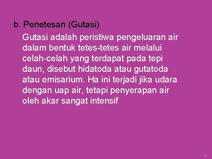 b. Penetesan (Gutasi) Gutasi adalah peristiwa pengeluaran air dalam bentuk tetes-tetes air melalui celah-celah