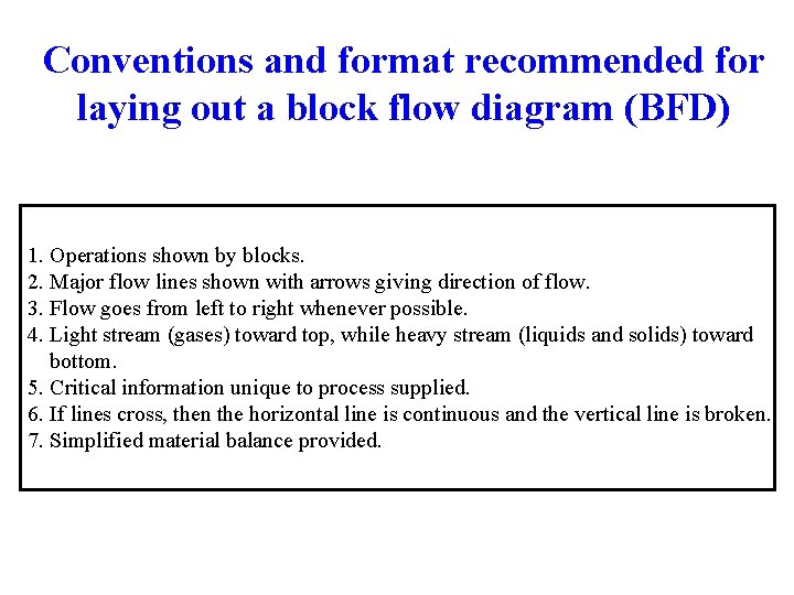 Conventions and format recommended for laying out a block flow diagram (BFD) 1. Operations Conventions and format recommended for laying out a block flow diagram (BFD) 1. Operations
