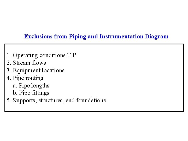 Exclusions from Piping and Instrumentation Diagram 1. Operating conditions T, P 2. Stream flows Exclusions from Piping and Instrumentation Diagram 1. Operating conditions T, P 2. Stream flows
