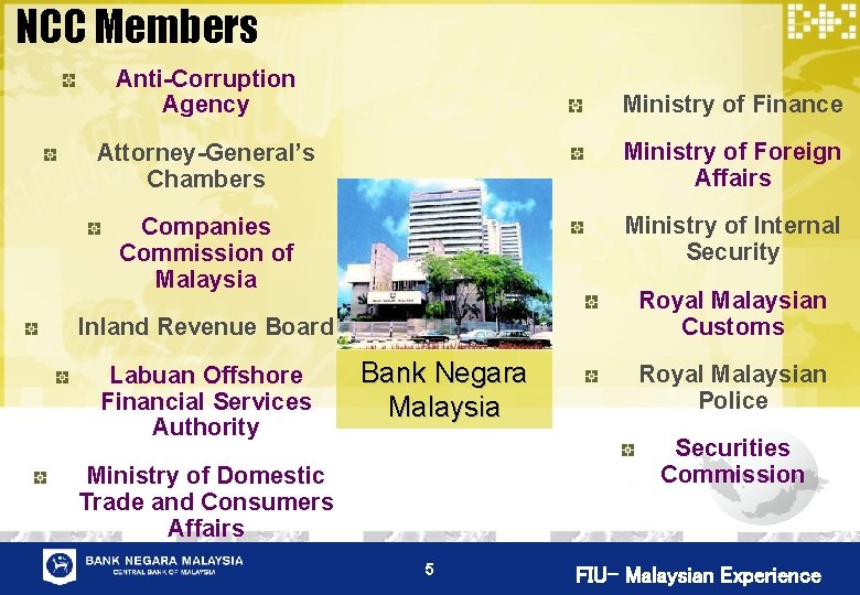 NCC Members Anti-Corruption Agency Ministry of Finance Attorney-General’s Chambers Ministry of Foreign Affairs Companies