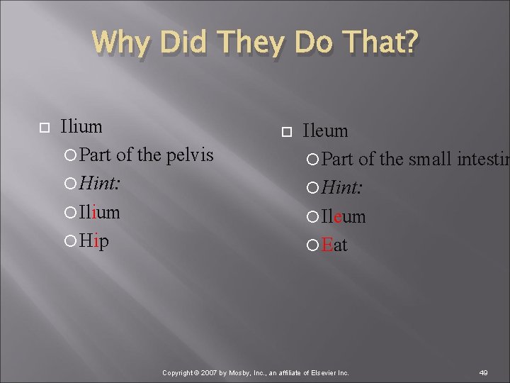 Why Did They Do That? Ilium Part of the pelvis Hint: Ilium Hip Ileum