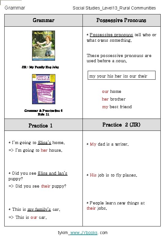 Grammar Social Studies_Level 13_Rural Communities Grammar Possessive Pronouns * Possessive pronouns tell who or