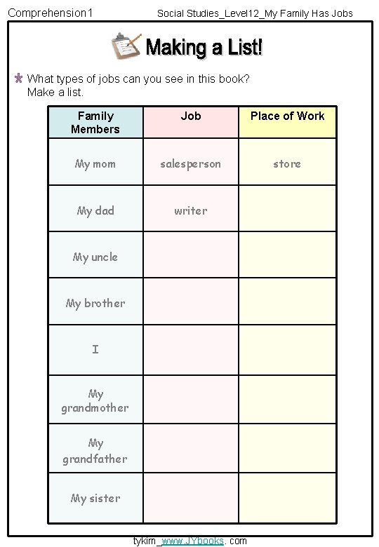 Comprehension 1 Social Studies_Level 12_My Family Has Jobs What types of jobs can you