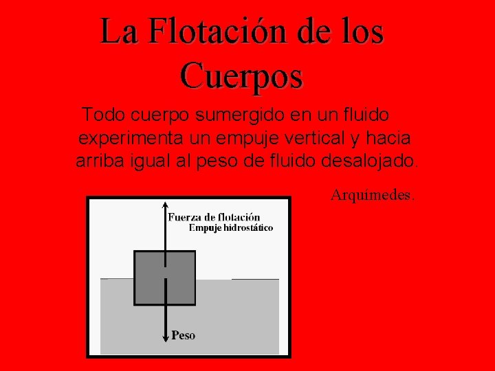 La Flotación de los Cuerpos Todo cuerpo sumergido en un fluido experimenta un empuje