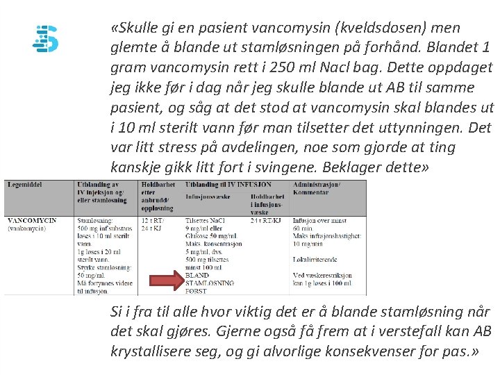  «Skulle gi en pasient vancomysin (kveldsdosen) men glemte å blande ut stamløsningen på