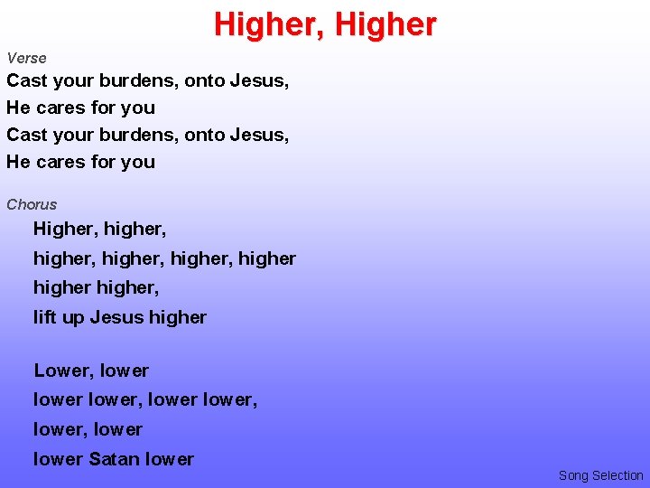Higher, Higher Verse Cast your burdens, onto Jesus, He cares for you Chorus Higher,