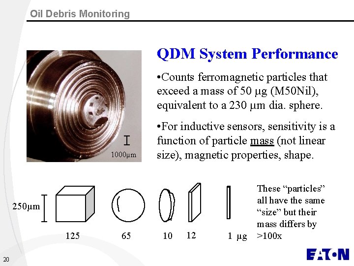 Oil Debris Monitoring QDM System Performance • Counts ferromagnetic particles that exceed a mass