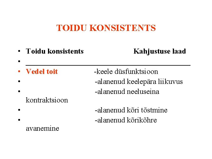 TOIDU KONSISTENTS • Toidu konsistents Kahjustuse laad • ______________________ • Vedel toit -keele düsfunktsioon