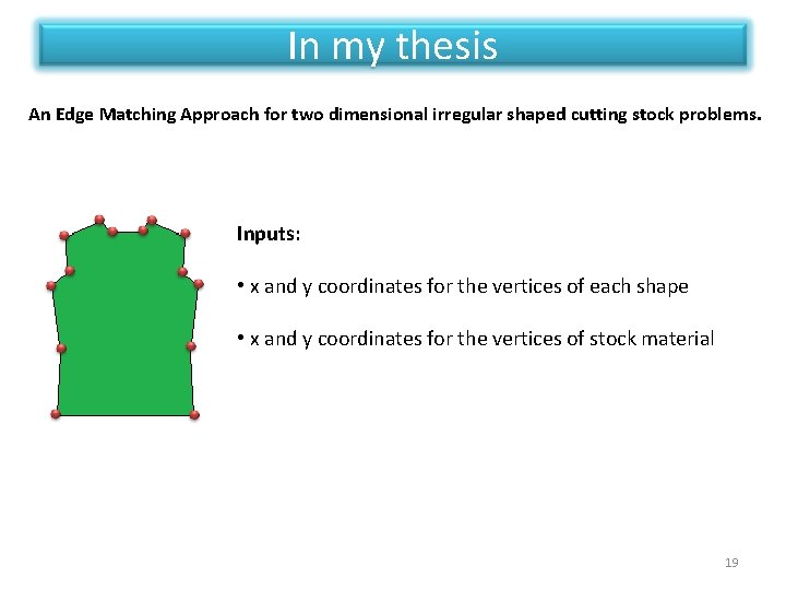 In my thesis An Edge Matching Approach for two dimensional irregular shaped cutting stock In my thesis An Edge Matching Approach for two dimensional irregular shaped cutting stock