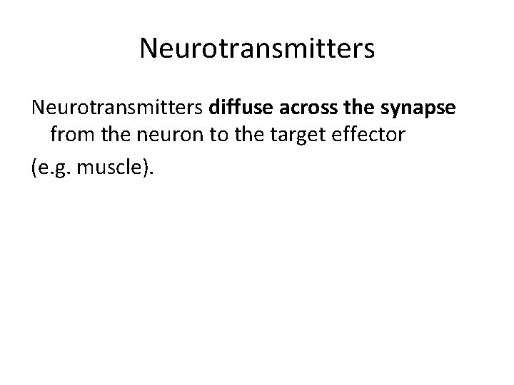 Neurotransmitters diffuse across the synapse from the neuron to the target effector (e. g.