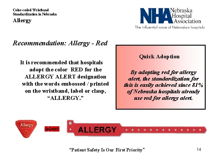 Color-coded Wristband Standardization in Nebraska Allergy Recommendation: Allergy - Red It is recommended that