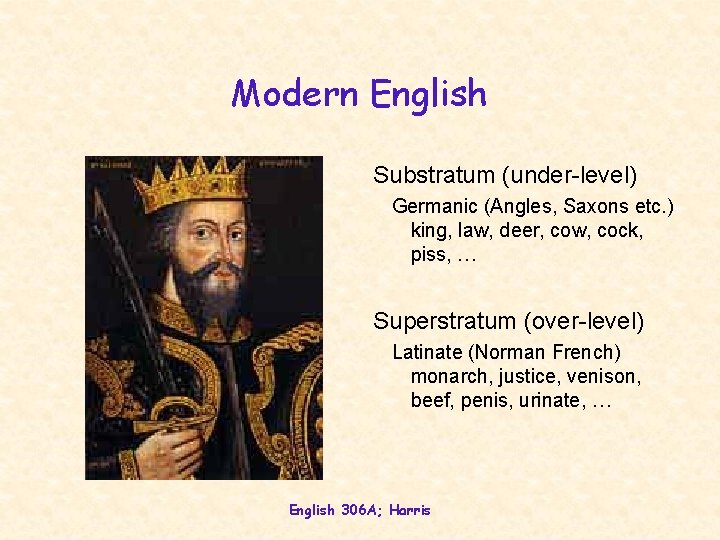 Modern English Substratum (under-level) Germanic (Angles, Saxons etc. ) king, law, deer, cow, cock,