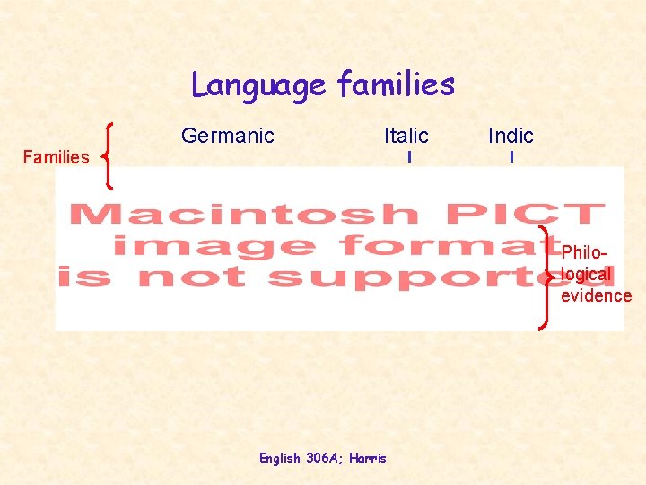 Language families Families Germanic Italic Indic Philological evidence English 306 A; Harris 