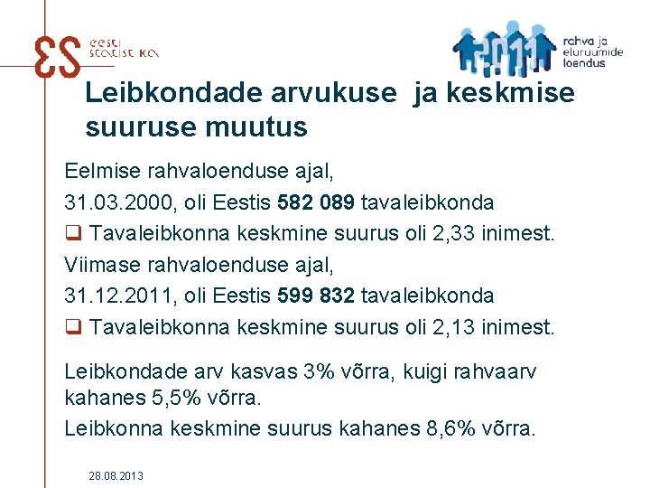 Leibkondade arvukuse ja keskmise suuruse muutus Eelmise rahvaloenduse ajal, 31. 03. 2000, oli Eestis