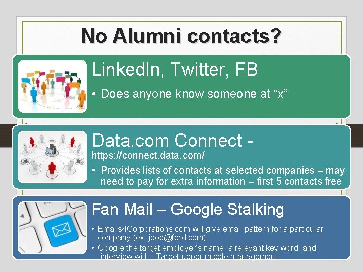 No Alumni contacts? Linked. In, Twitter, FB • Does anyone know someone at “x”