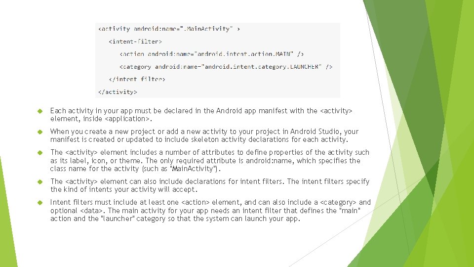 Each activity in your app must be declared in the Android app manifest Each activity in your app must be declared in the Android app manifest