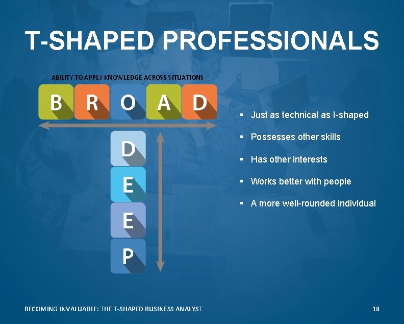 T-SHAPED PROFESSIONALS ABILITY TO APPLY KNOWLEDGE ACROSS SITUATIONS § Just as technical as I-shaped