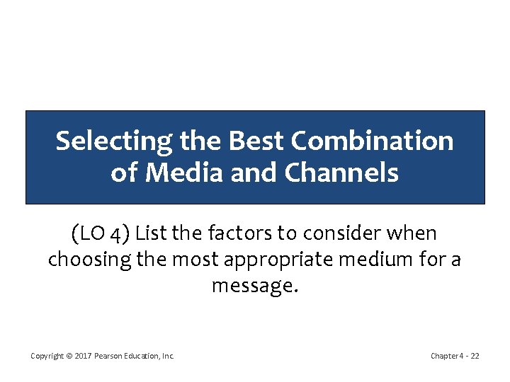 Selecting the Best Combination of Media and Channels (LO 4) List the factors to