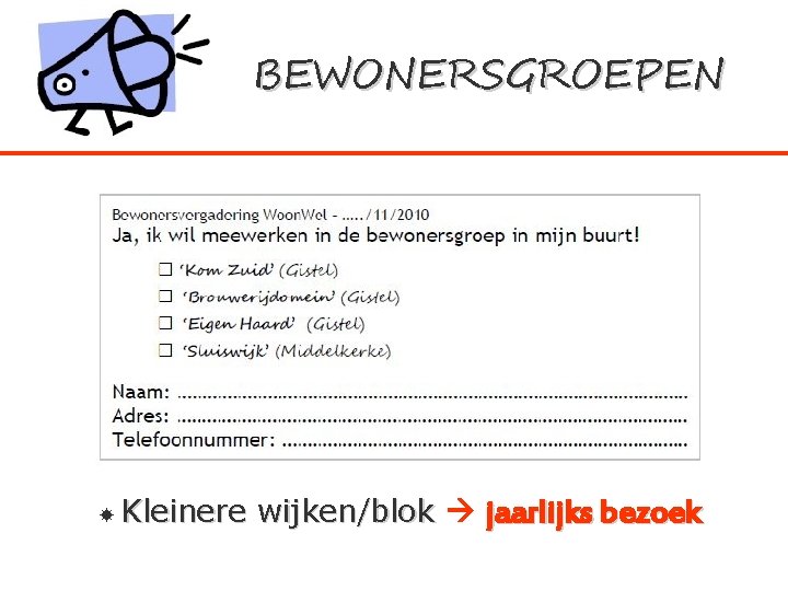 BEWONERSGROEPEN Kleinere wijken/blok jaarlijks bezoek 