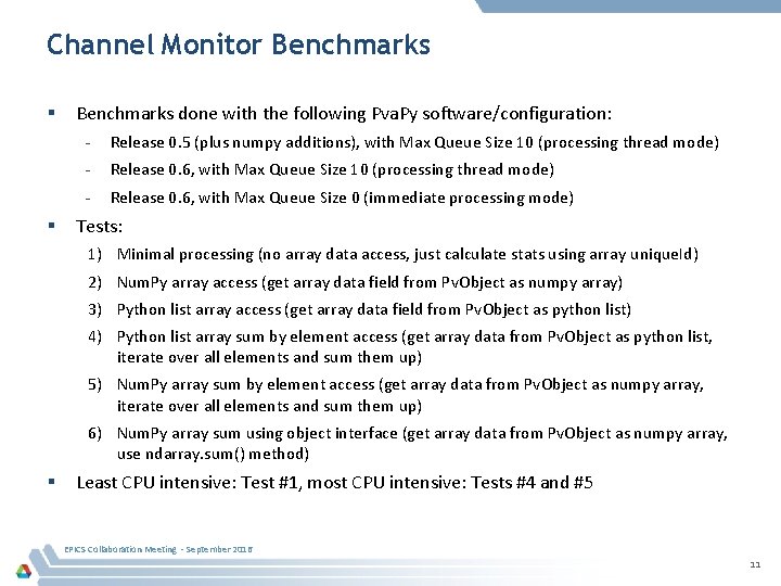 Channel Monitor Benchmarks done with the following Pva. Py software/configuration: - Release 0. 5