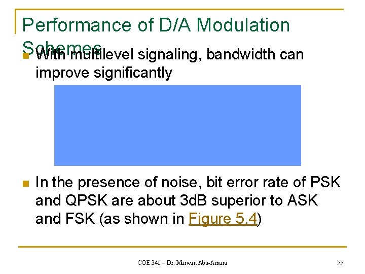 Performance of D/A Modulation Schemes n With multilevel signaling, bandwidth can improve significantly n